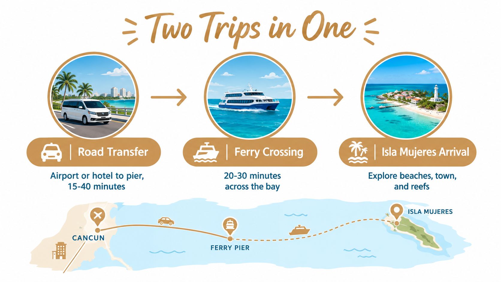 A travel infographic illustrating the transfer process from Cancun to Isla Mujeres including road and ferry travel.
