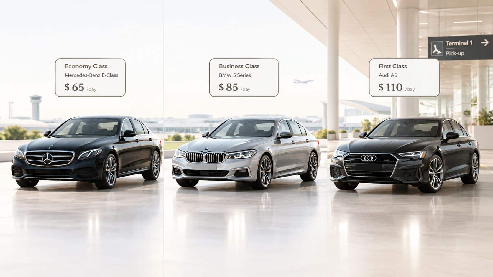 A lineup of luxury rental cars including a Mercedes, BMW, and Audi displayed with daily pricing options.