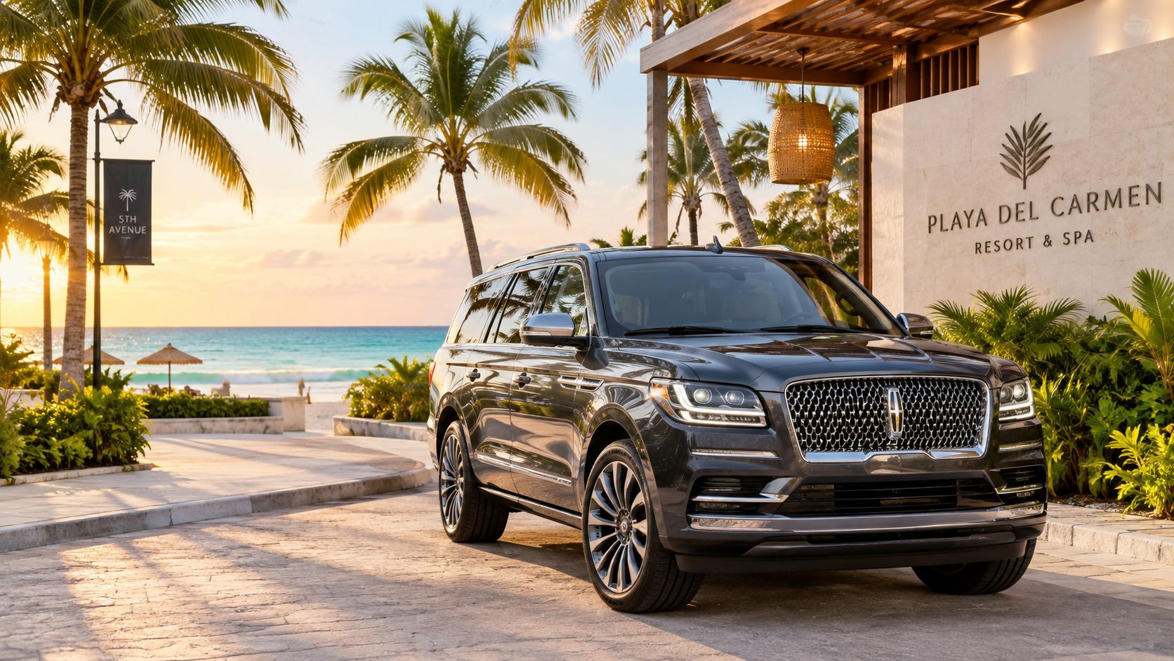 A luxurious Lincoln SUV parked in front of the elegant Playa Del Carmen Resort and Spa entrance.