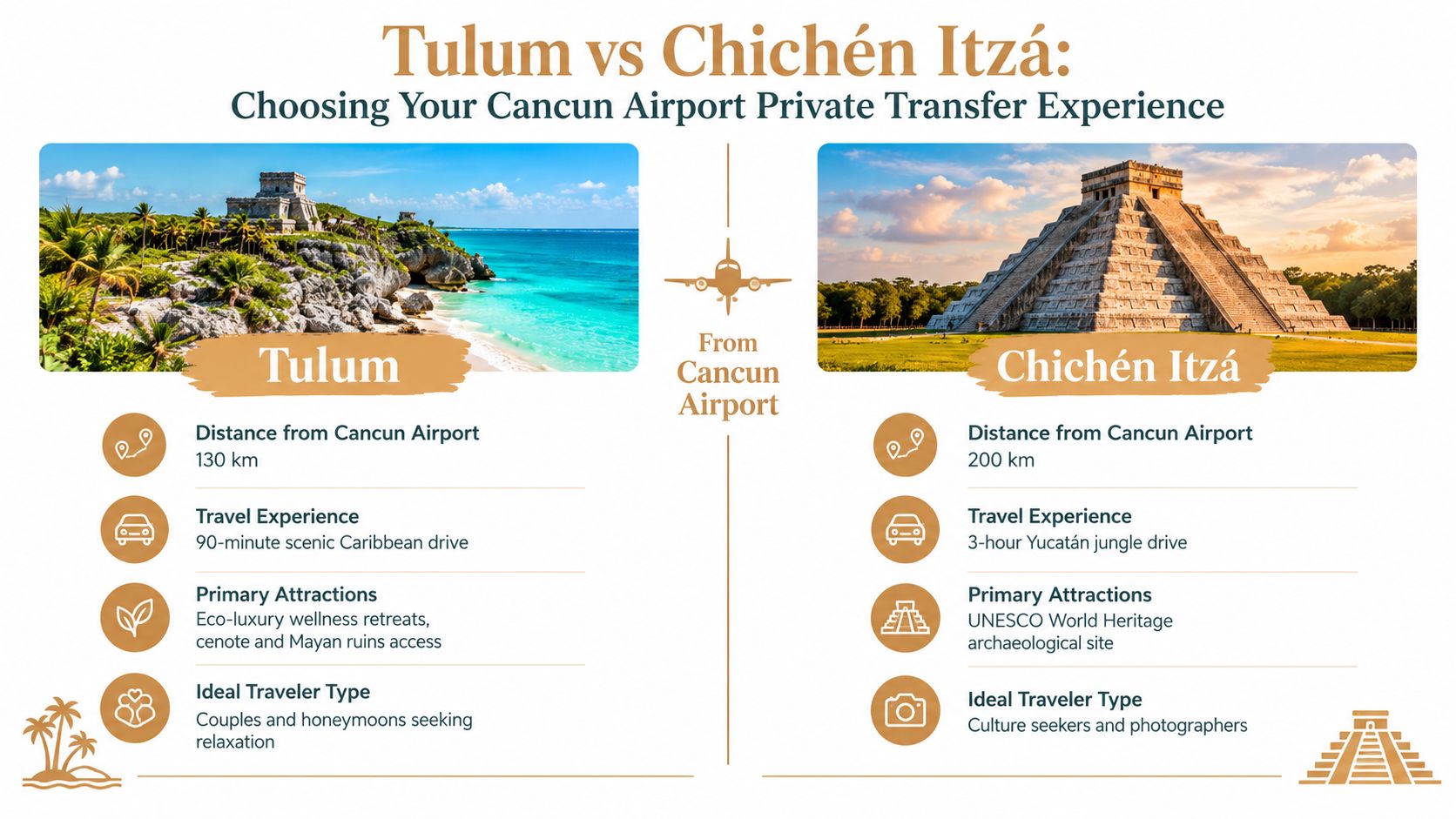 A comparison infographic between Tulum and Chichén Itzá highlighting distances and features for travel planning.