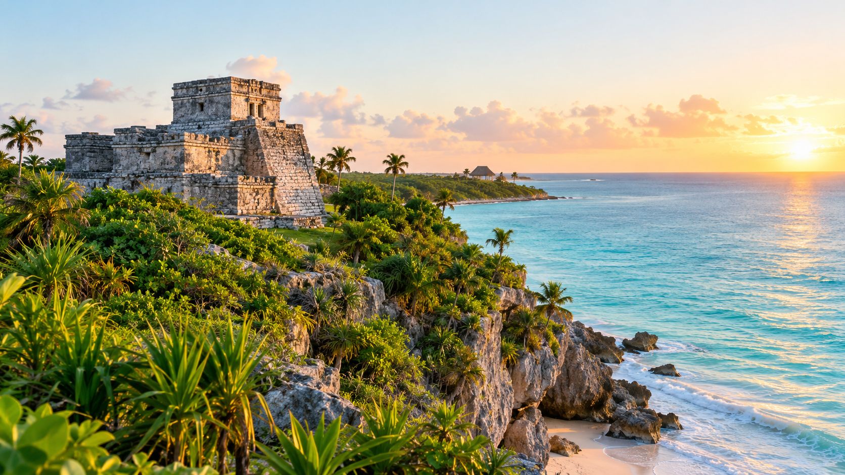 The ancient Tulum Mayan ruins perched on a rocky cliff overlooking a scenic turquoise Caribbean ocean sunset.