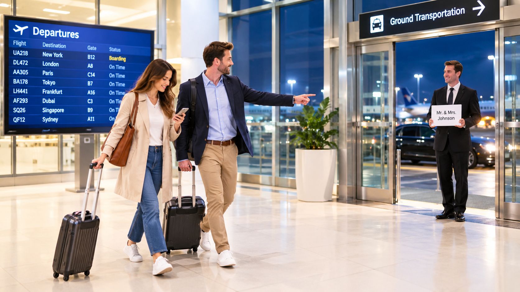 A couple walking through an airport terminal as a chauffeur waits for them holding a sign.