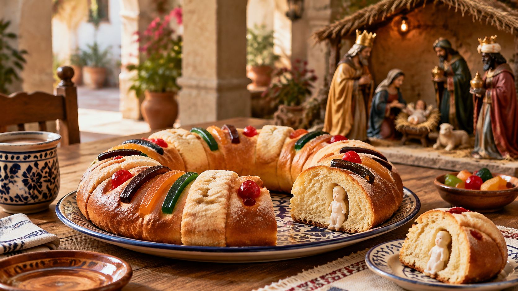 A Rosca de Reyes bread with a small plastic figurine inside, served on a table during epiphany.