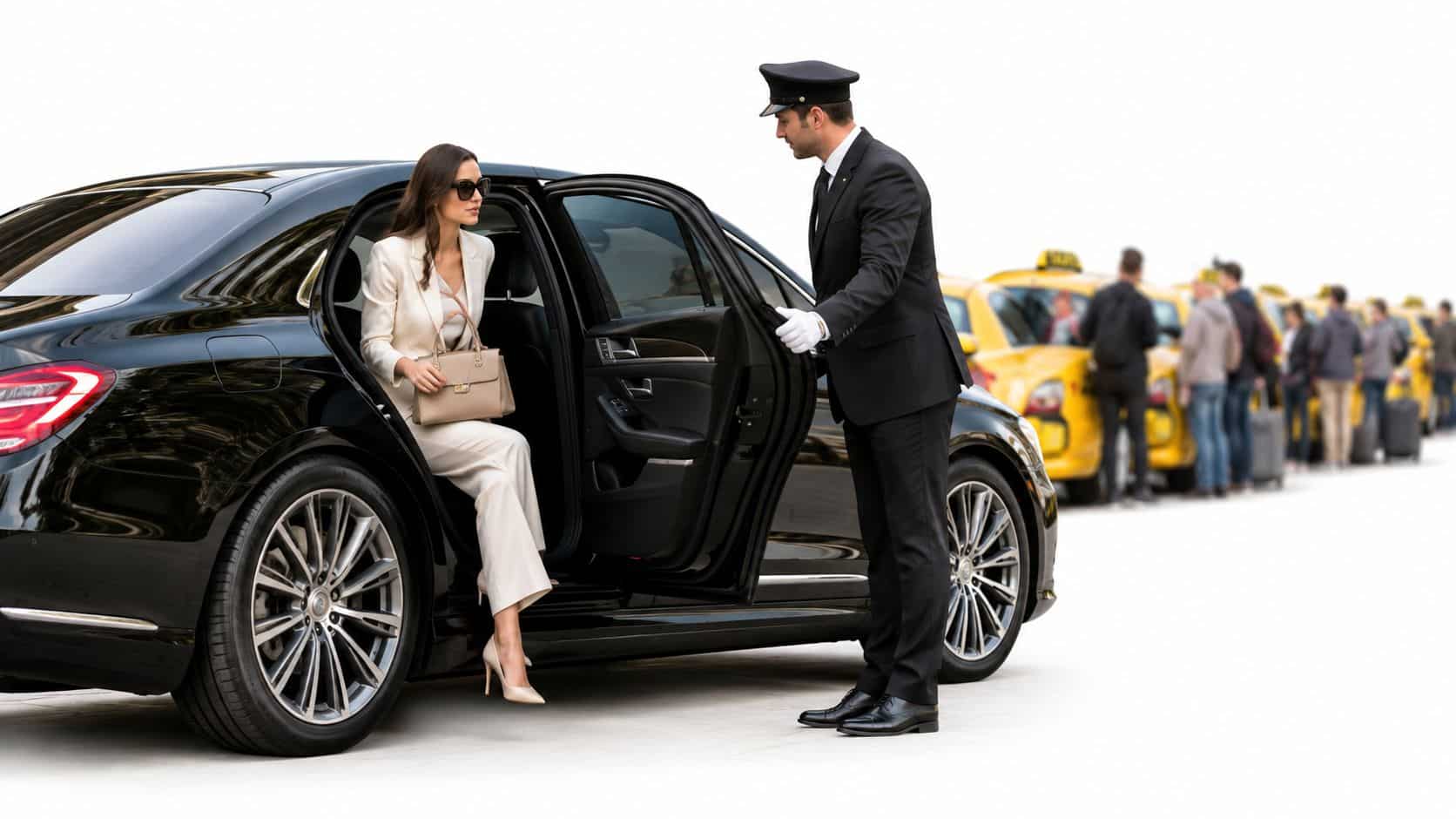 A professional chauffeur opens the car door for a stylish woman exiting a luxury black vehicle.
