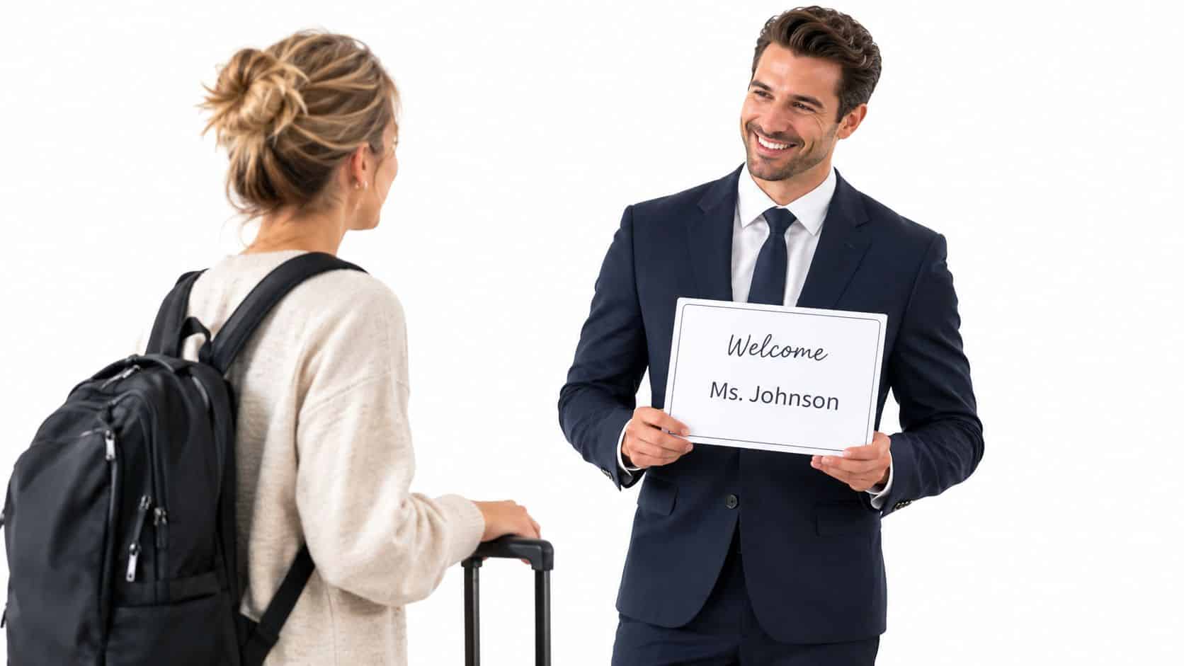 A professional chauffeur holding a welcome sign for Ms. Johnson greets a female traveler at the airport.