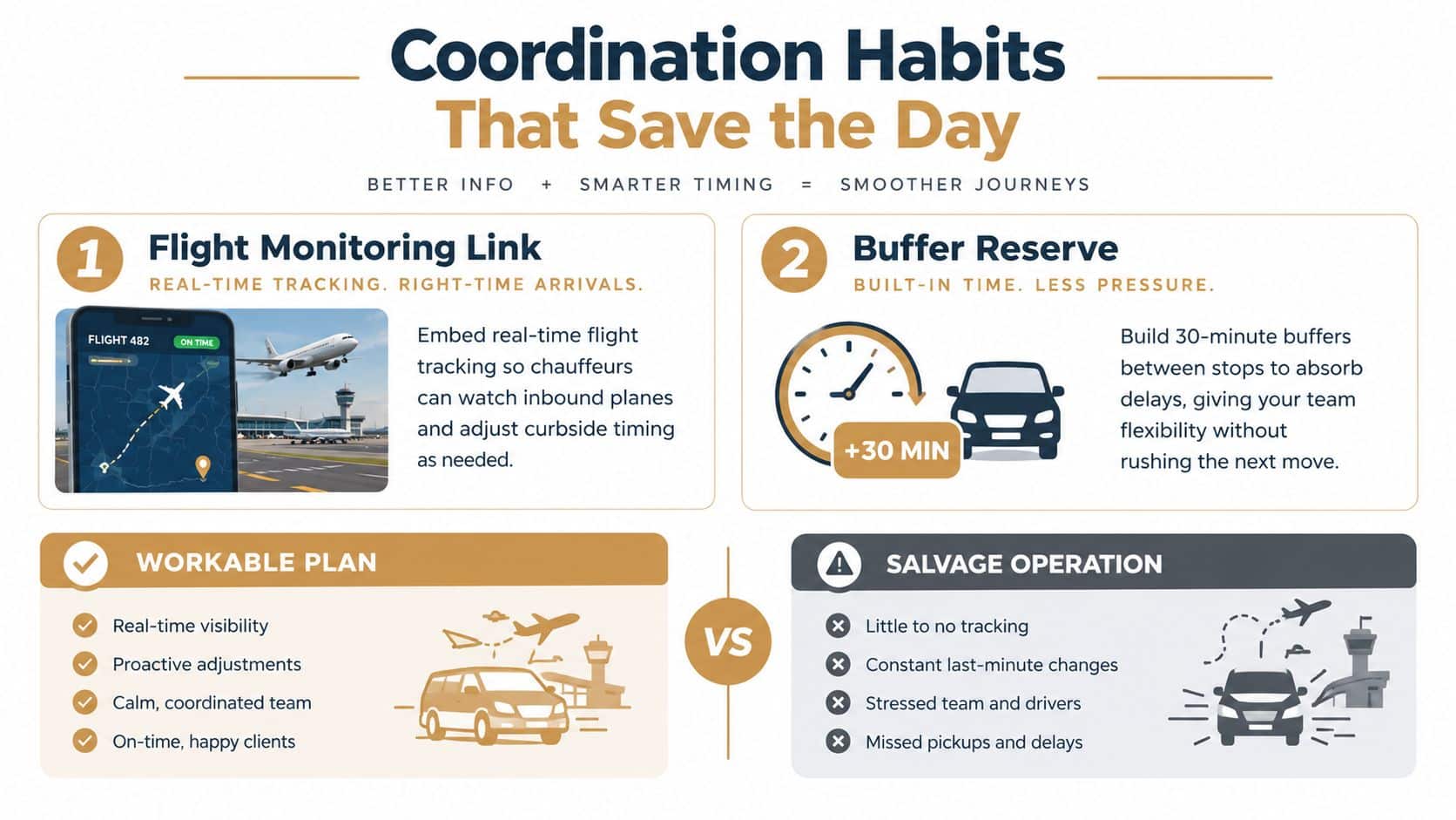 An infographic illustrating coordination habits for efficient travel planning including flight tracking and buffer time strategies.