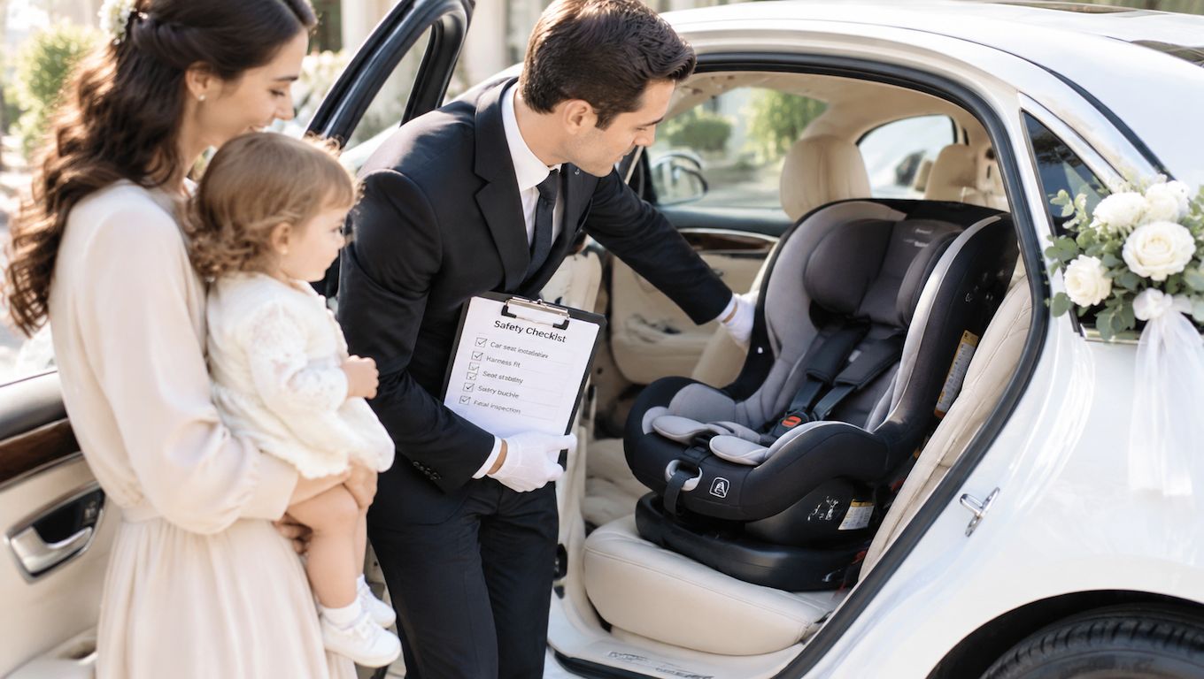 A professional chauffeur checking a baby car seat in a decorated wedding car while parents watch nearby.