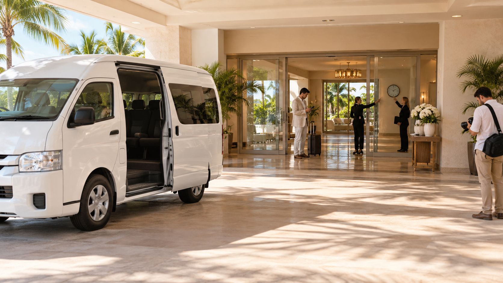 A professional hotel staff member welcomes a guest with luggage as a photographer captures the arrival scene.