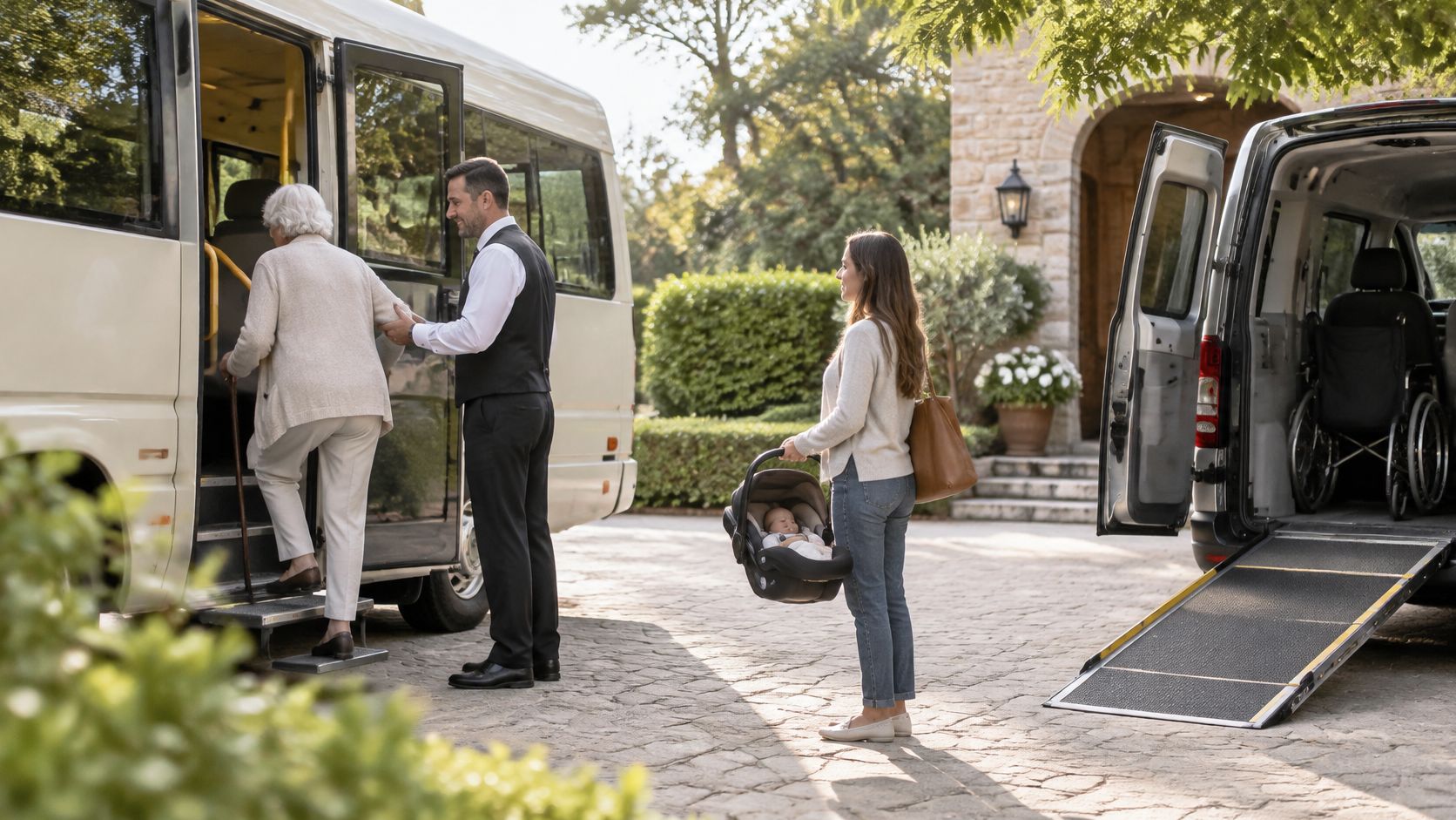 A professional chauffeur assists an elderly woman boarding a shuttle bus while a woman holds a baby carrier.