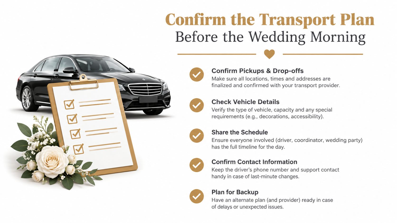 A checklist for wedding transport planning featuring a luxury car, clipboard, and floral decoration.