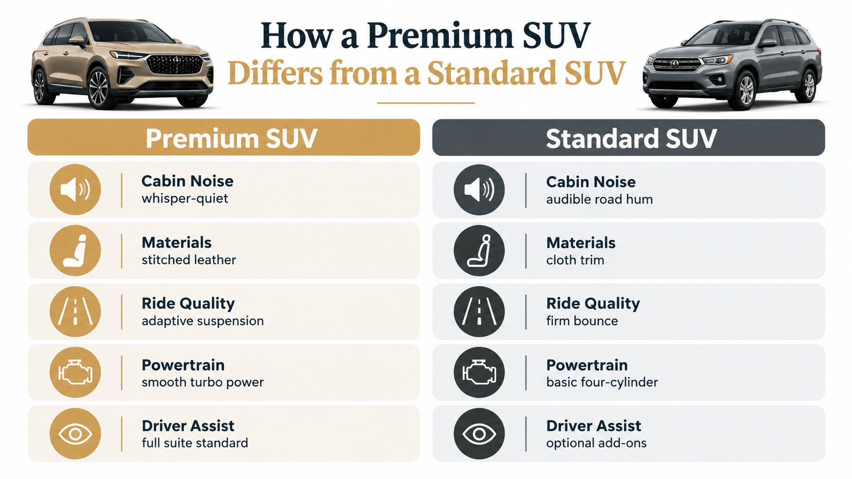 A comparison chart showing the differences between a premium SUV and a standard SUV across five categories.