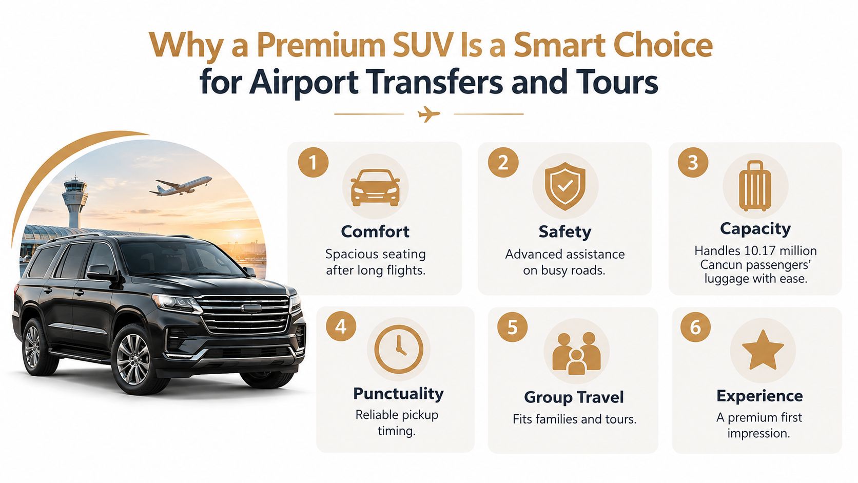 A premium SUV for airport transfers and tours, highlighting comfort, safety, capacity, punctuality, group travel, and experience.